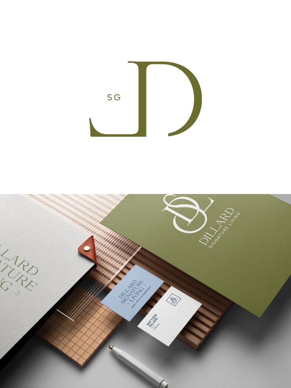 Flat lay showing branded materials for Dillard Signature Living, including folders, letterhead, and business cards with both monogram and wordmark designs.