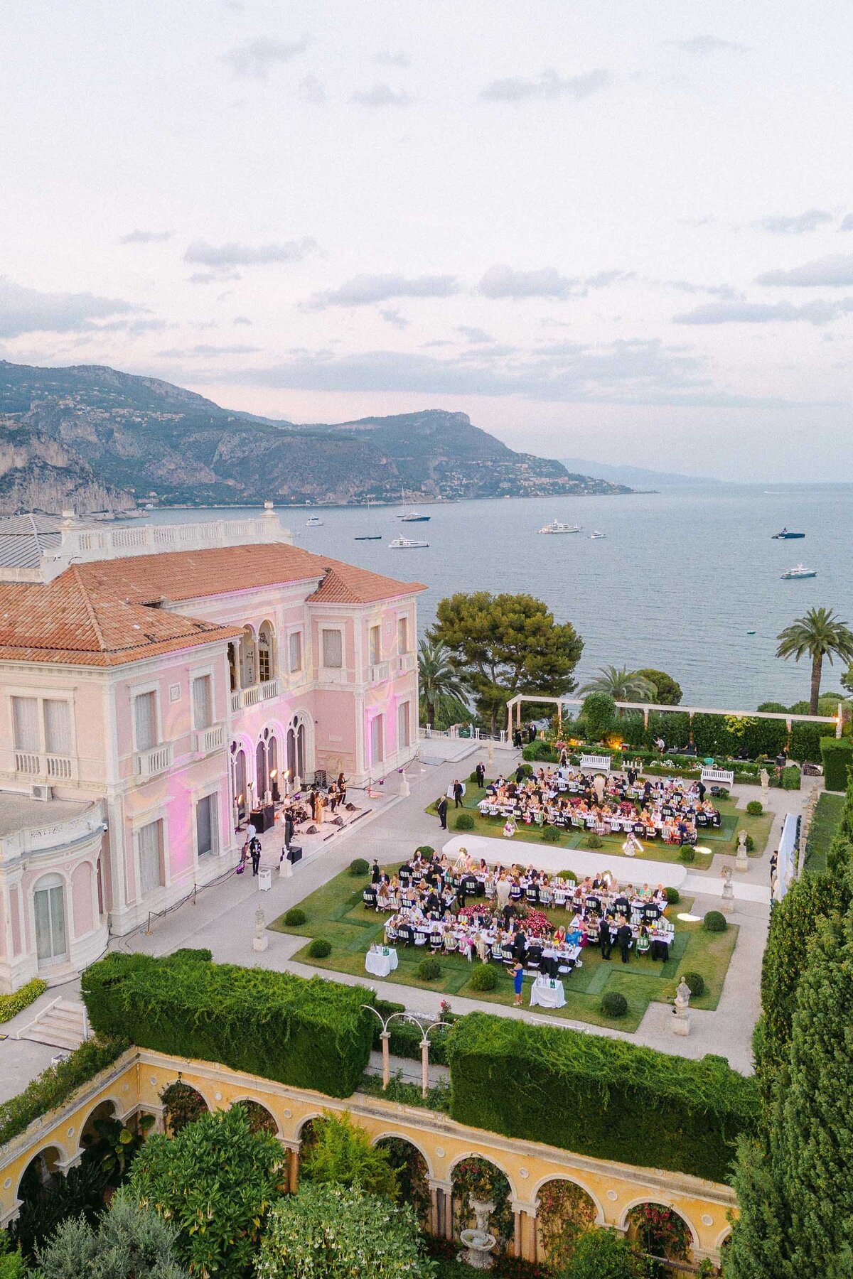 Drone image of VIlla Ephrussi during the wedding dinner.