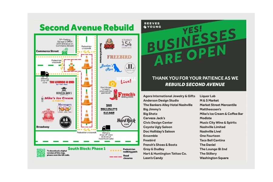 Map of businesses open during Second Avenue construction in Nashville, with walking paths, road closures, and highlighted business logos