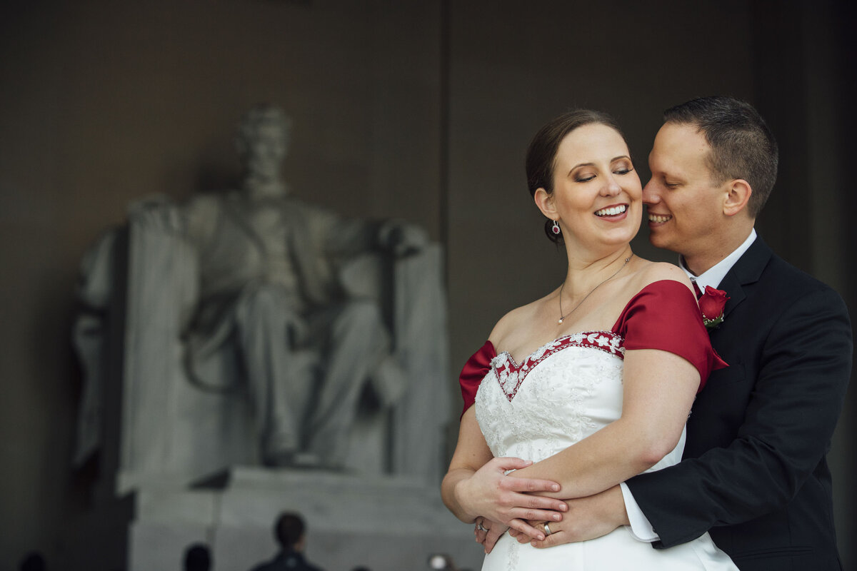 Lincoln Memorial Wedding Day | Bride and Groom Hugging | Washington, D.C. Photography
