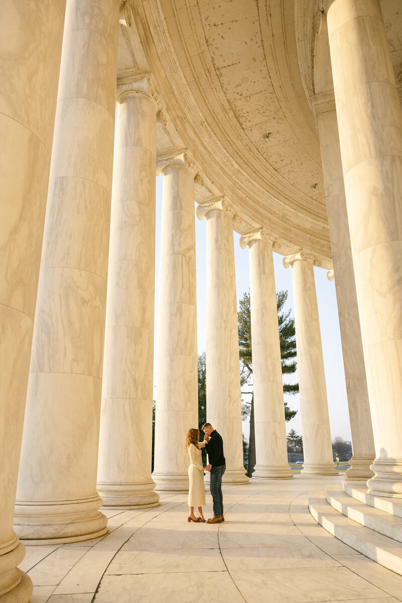 A sunrise engagement session at the Jefferson Memorial