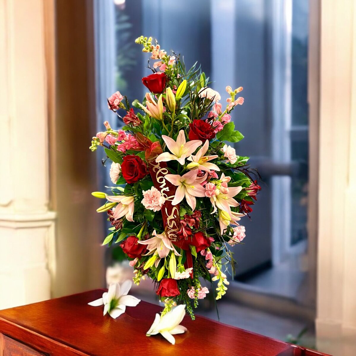 red roses pink lilies funeral side arrangement flowers 