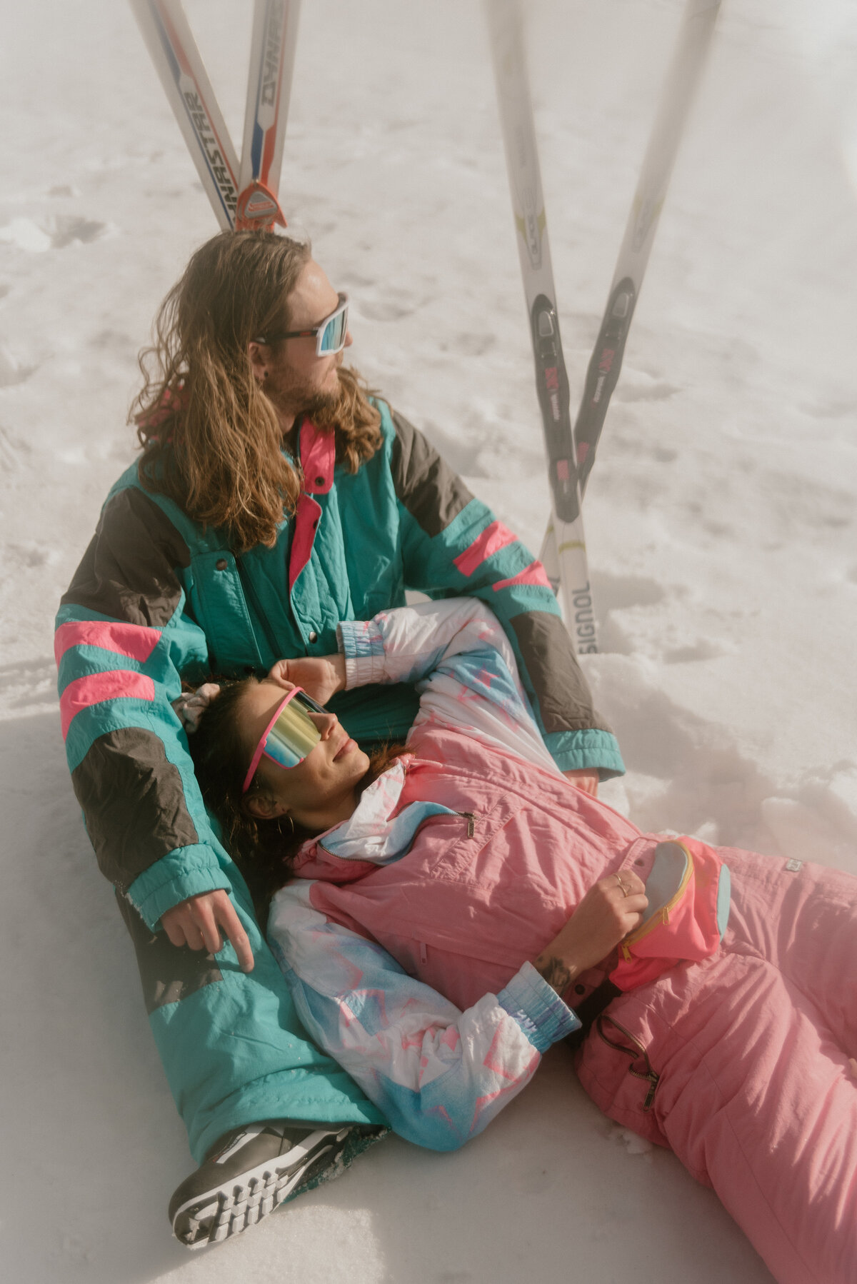 old school ski couple in alberta canada