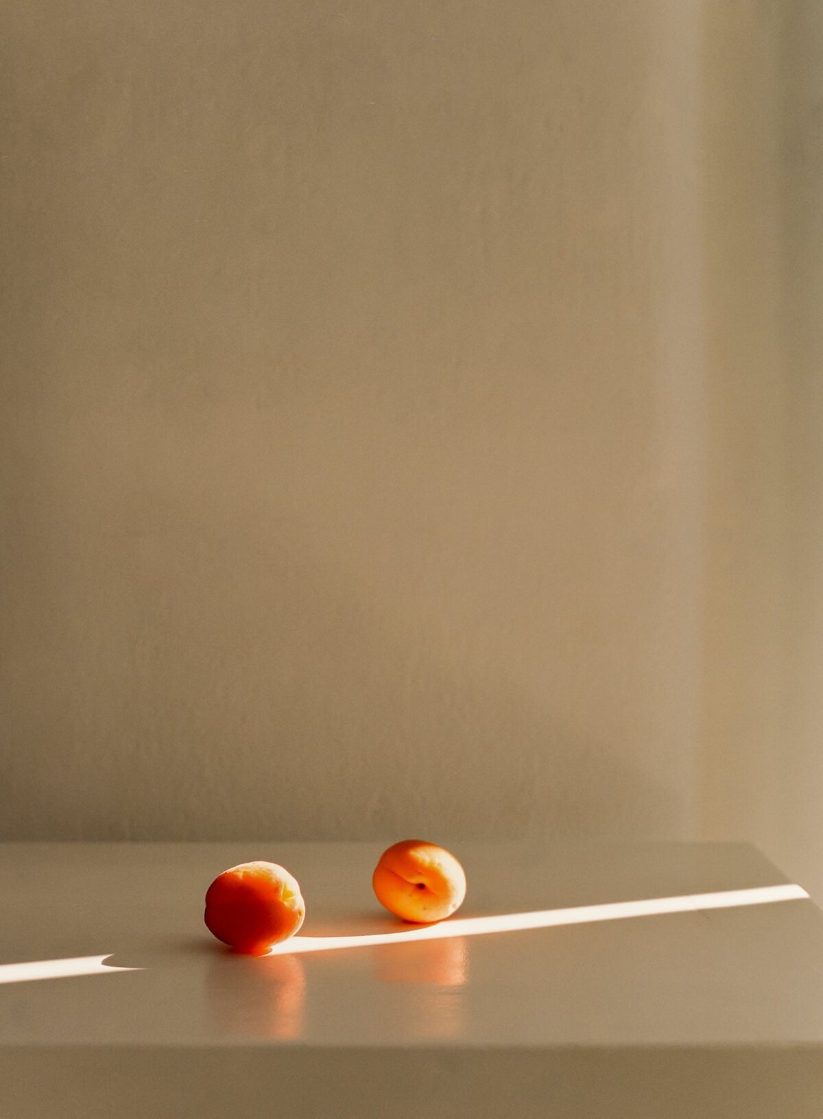Two fresh stone fruits resting on a sunlit surface against a neutral backdrop, representing the fresh and simple aesthetic of Vida Foods in St. Petersburg, Florida.