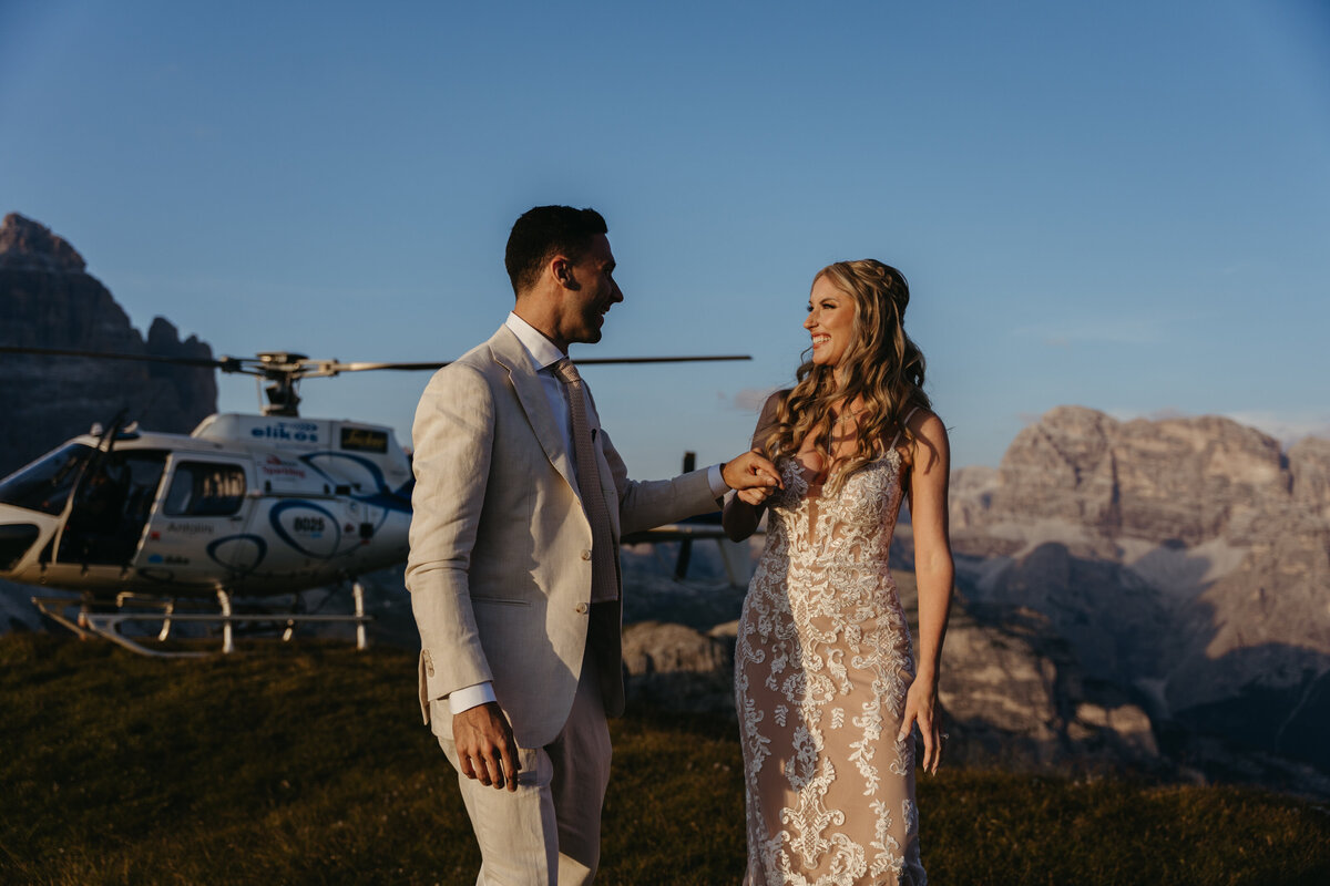 Couple with Elikos Helicopters having elopement on Cadini di Misurina