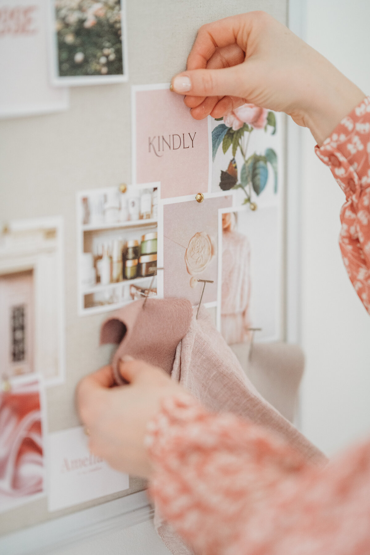 Feminine moodboard design with blush-toned colors, fabrics and design imagery