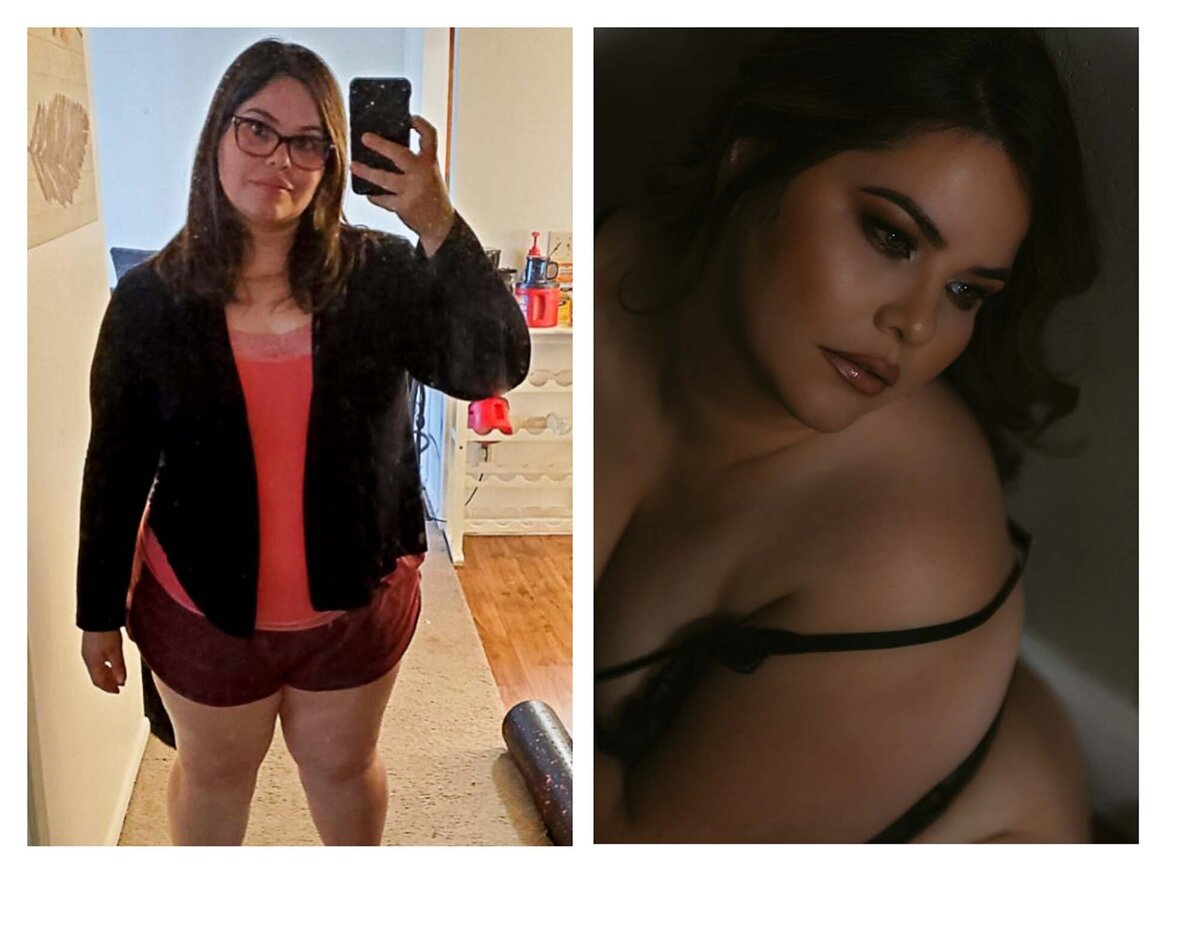 Curvy woman selfie next to sultry boudoir transformation