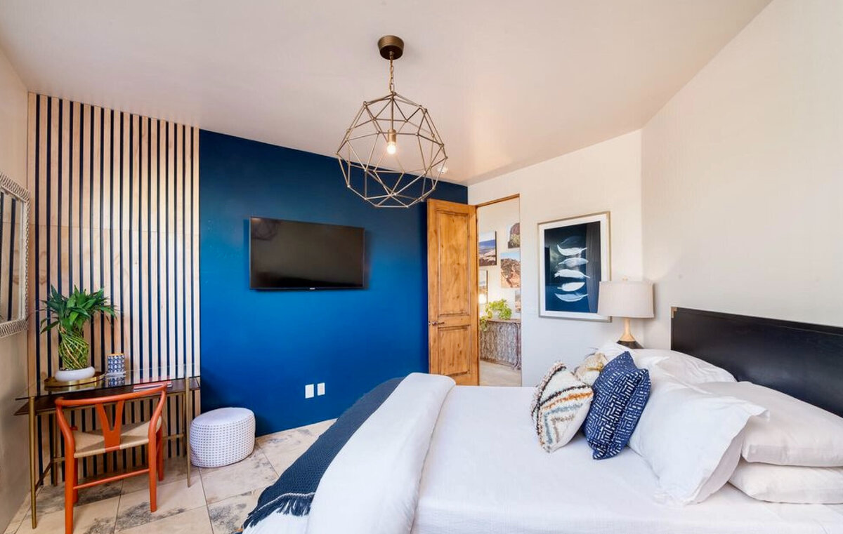 bedroom with blue wall