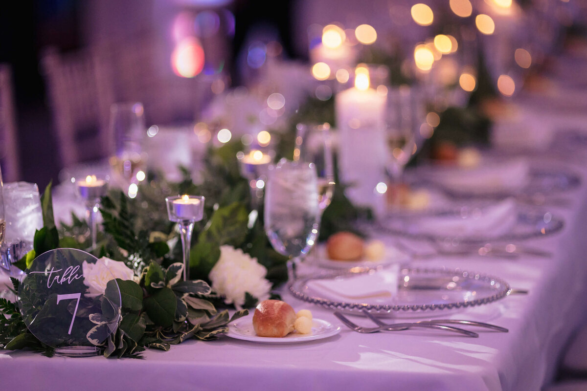 Wedding Reception Purple White Roses Centerpiece Long Table Setting
