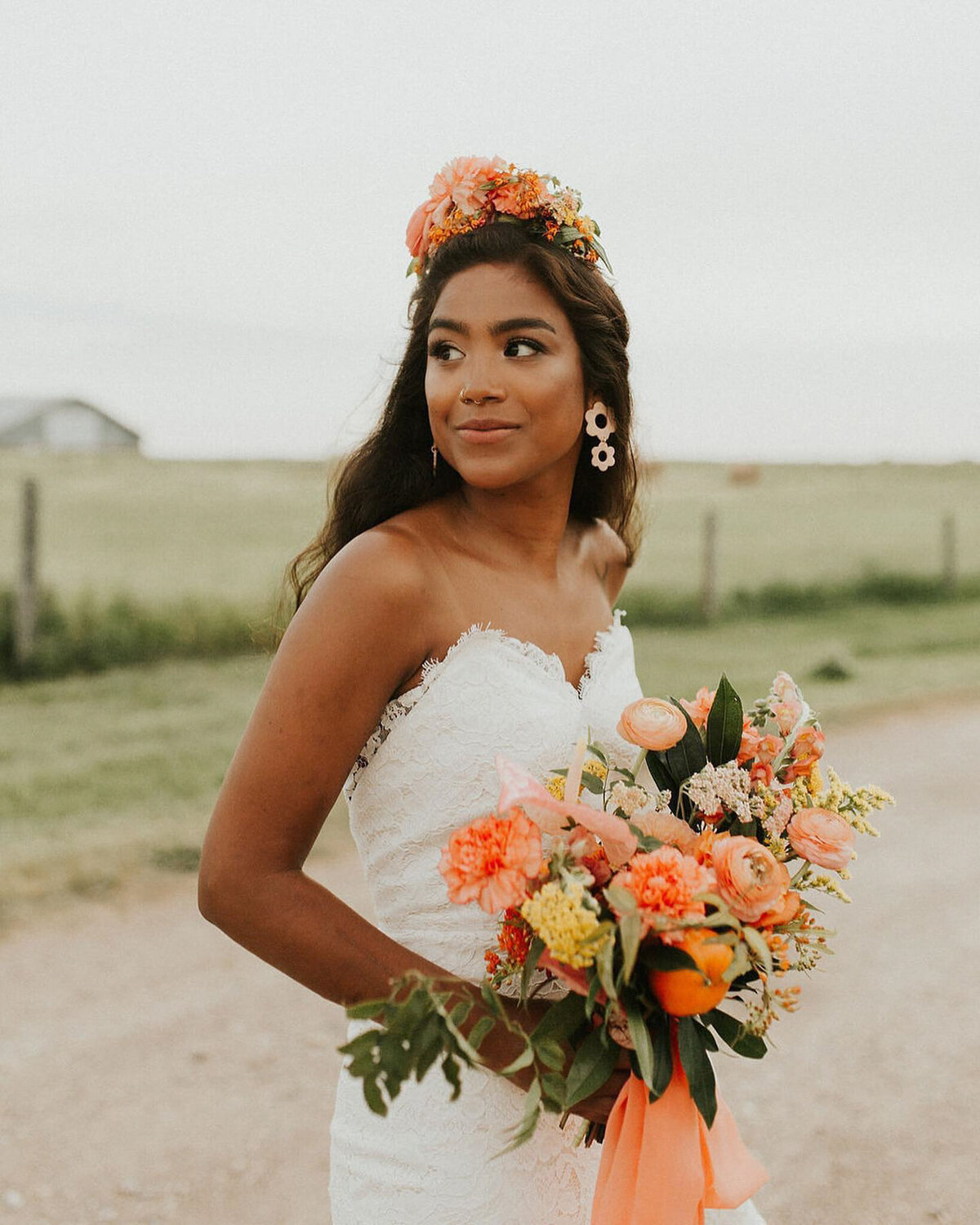 Stunning and colourful bridal portrait with hair and makeup by Madi Leigh Artistry, experienced and inclusive Calgary hair & makeup artist, featured on the Brontë Bride Vendor Guide.