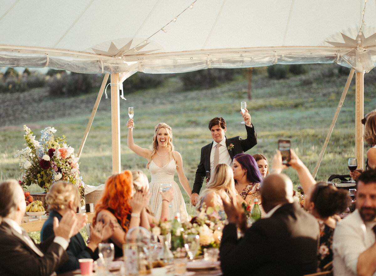 Couple toasts their wedding guests under a tent in the mountains of Ouray Colorado