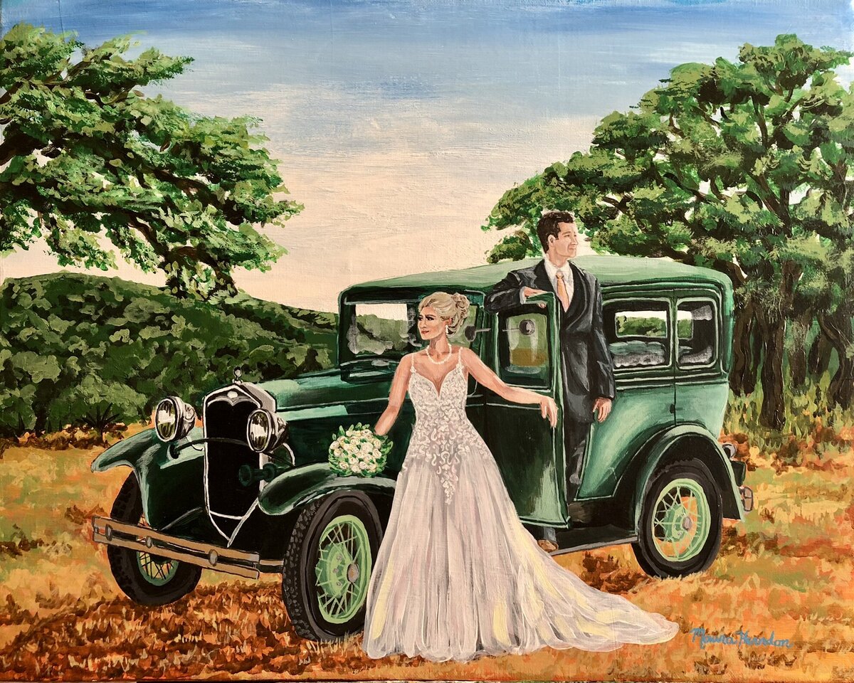 vintage car wedding painting by Maura Herndon