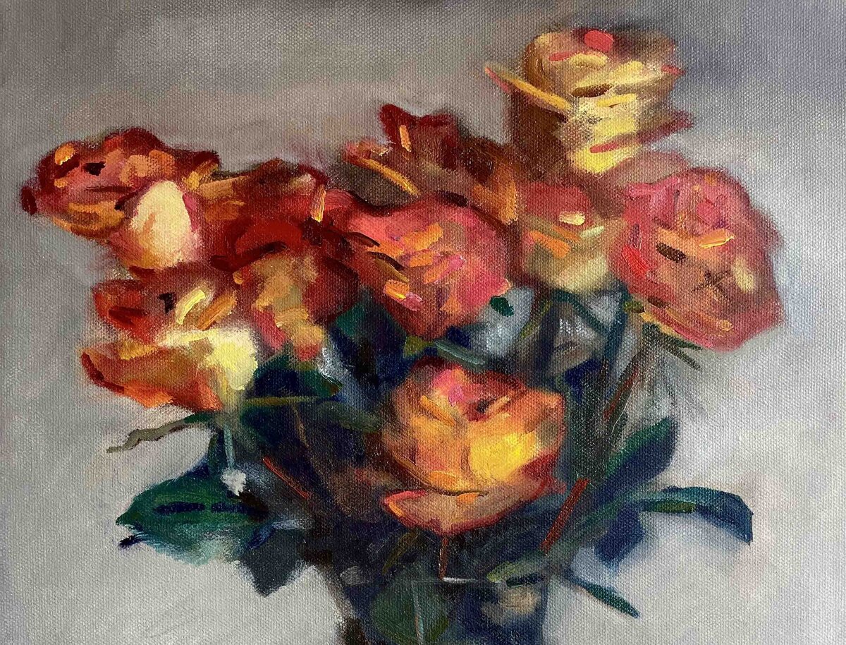 Oil painting of orange and yellow roses in a vase