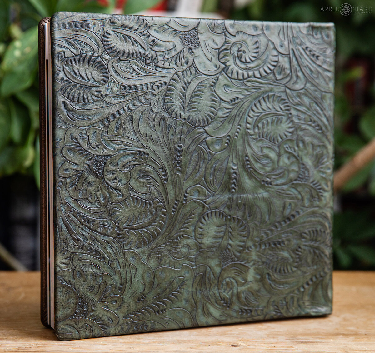 Beautiful Green Leaf Printed Leather for a Jungle Themed Bar Mitzvah Album