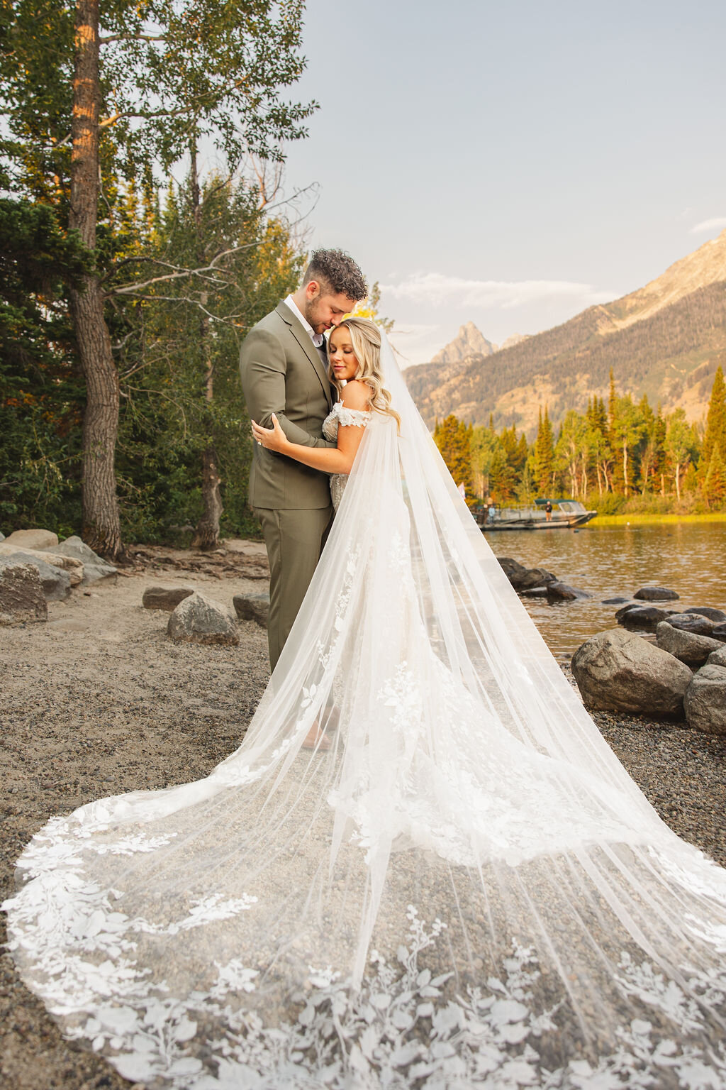 Photo of bride resting her head on groom.