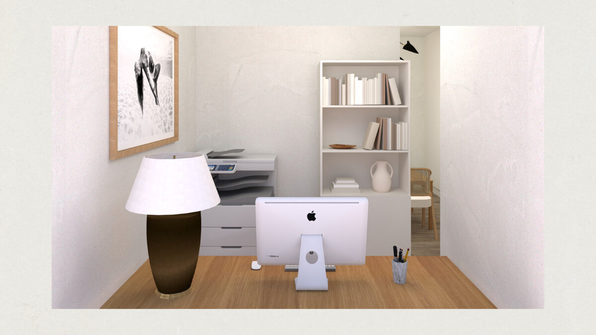 A photorealistic rendering of an employee's office in an interior design studio, thoughtfully designed to combine functionality with aesthetic appeal.