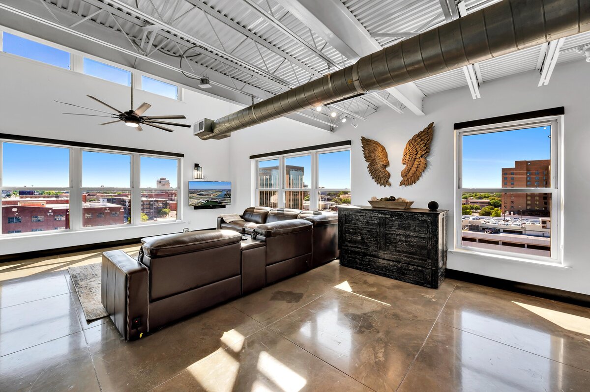 Panoramic view of the downtown Waco skyline from this amazing corner loft condo in the historic Behrens building.