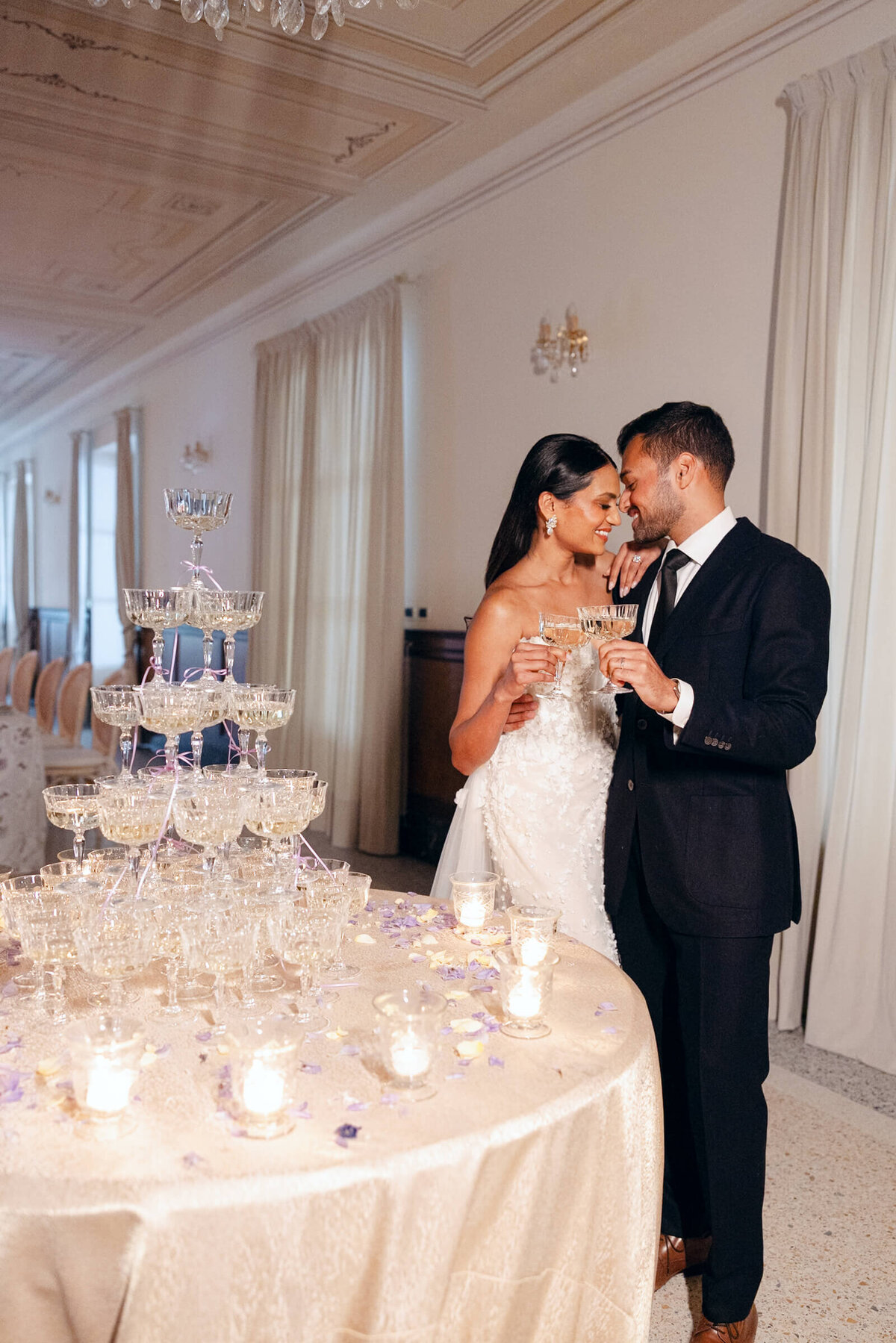 A wedding day photo of the bride and groom at Villa Aura del Lago on Lake Como in Italy