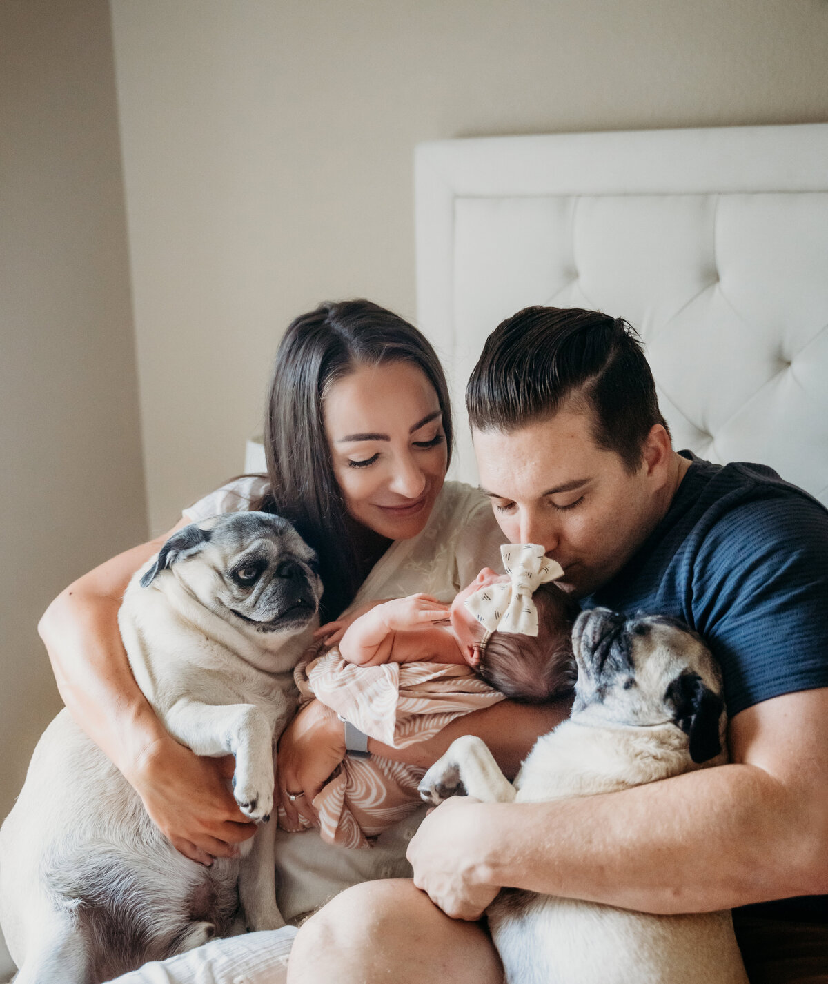 Newborn Photographer, a mother and father hold their new baby and their two pugs