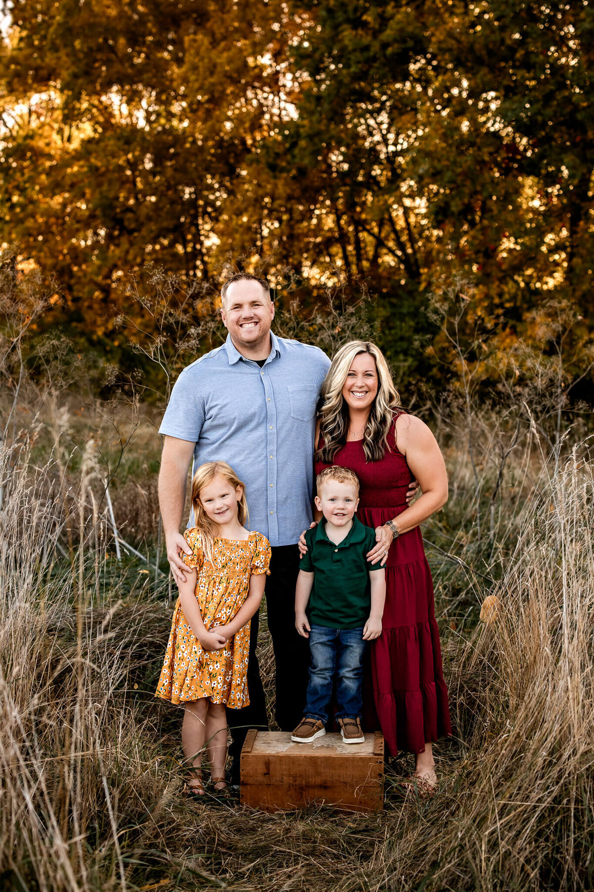 A family of four is enjoying a photo shoot in a sunlit field with tall grass and trees. Guided by an experienced Bloomington family photographer, the parents stand behind their children—a girl in a yellow dress and a boy in a green shirt—capturing the essence of autumn.