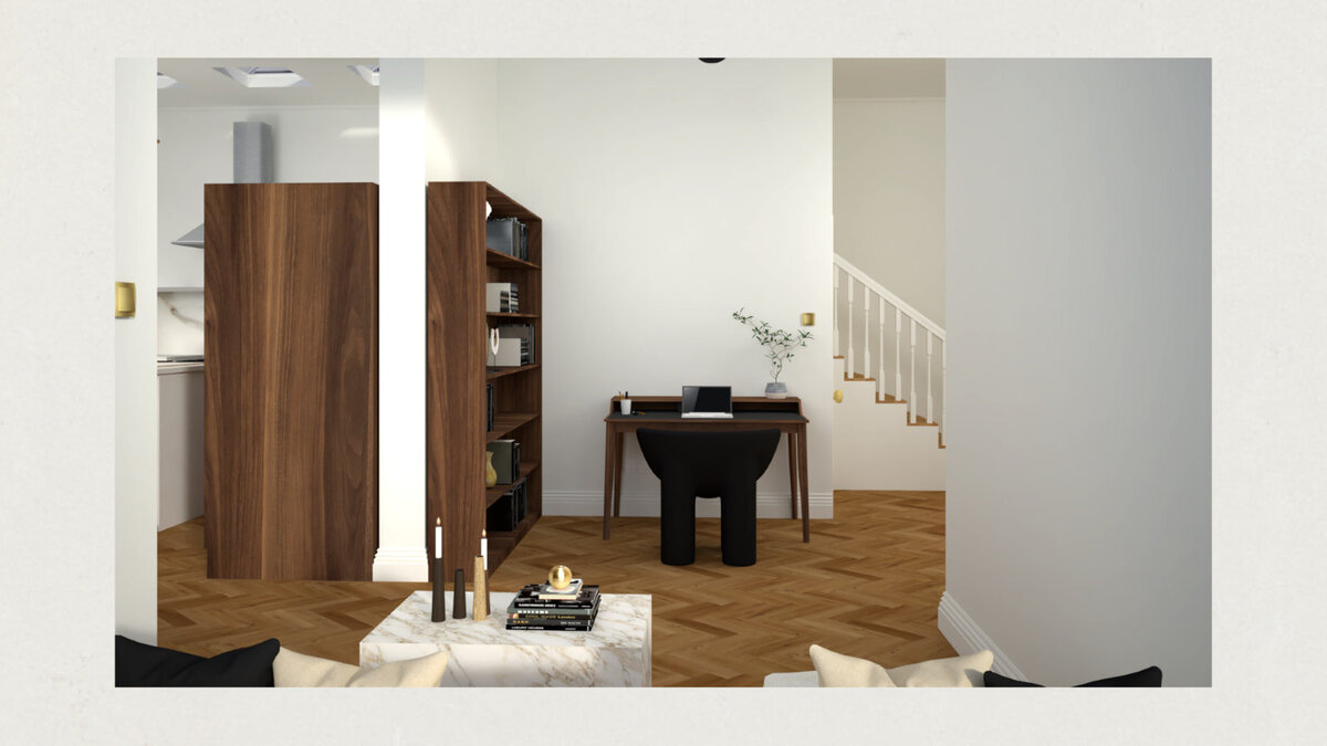A photorealistic rendering of an informal study area in a luxury heritage home, designed to seamlessly integrate timeless elegance with modern functionality.
