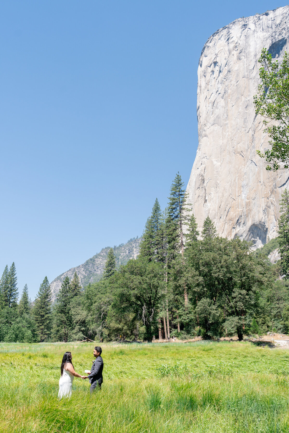 Bride and groom eloping at Yosemite Valley reading intimate wedding vows.