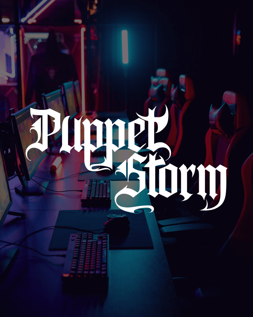 Maquette créée par Fenicia Studio pour l'identité visuelle d'un studio de jeux vidéos. Elle représente le logo aux couleurs de la marque sur une image de studio de gaming.