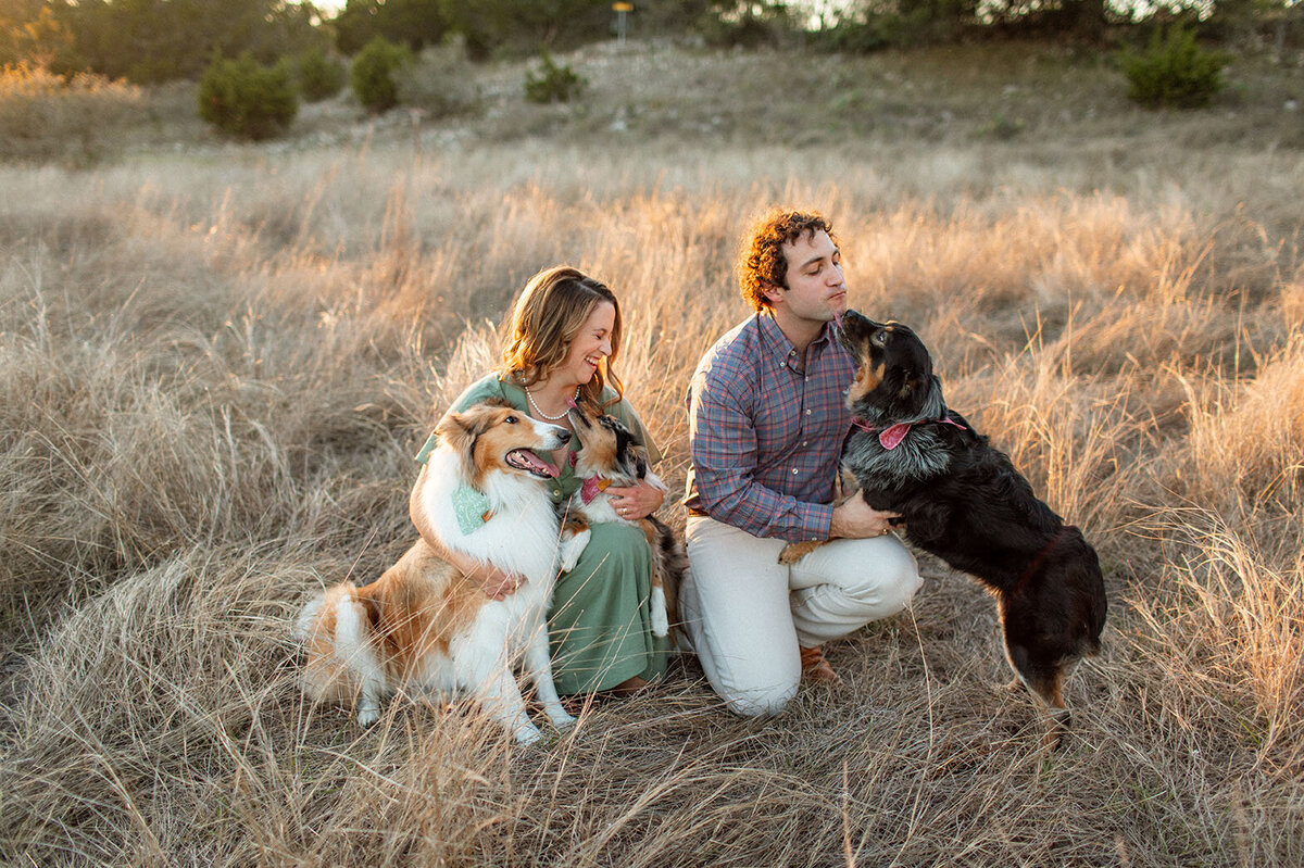 Couple playing with their dogs in a sunlit field, captured by Sara James, a San Antonio family photographer.