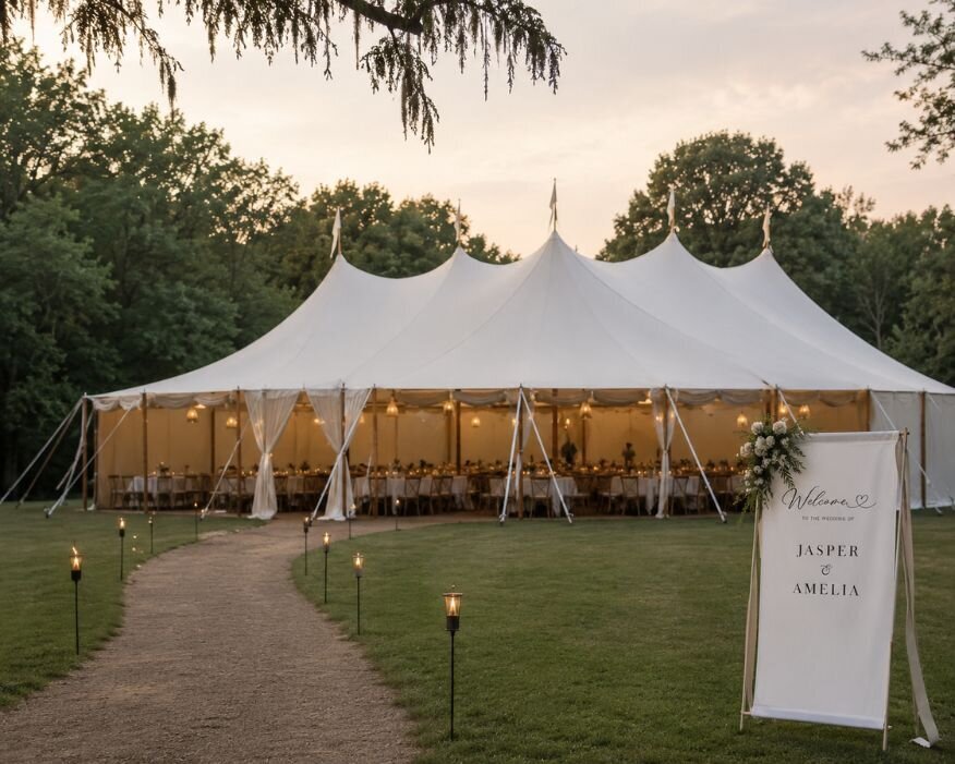Large outdoor wedding tent reception in Michigan representing Dana Braun’s early career designing custom wedding layouts and large-scale events in 2011