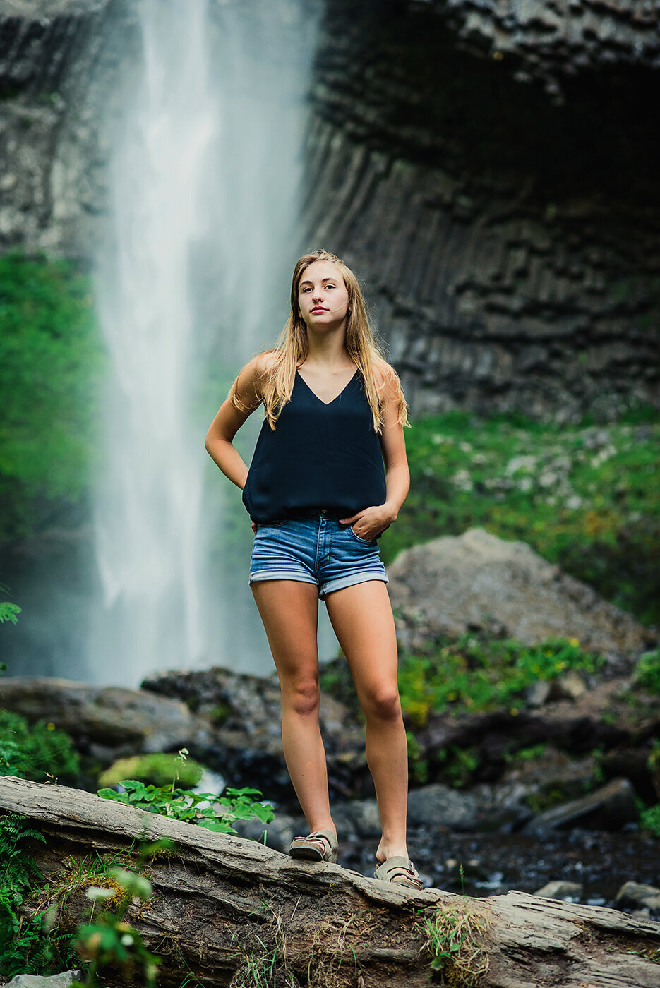 senior girl and waterfall