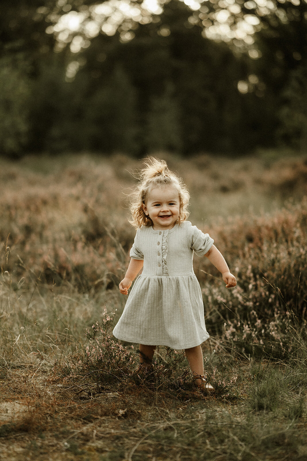 Gezinsfotografie in Nijlen tijdens golden hour – pure, spontane momenten vastgelegd in de heide.