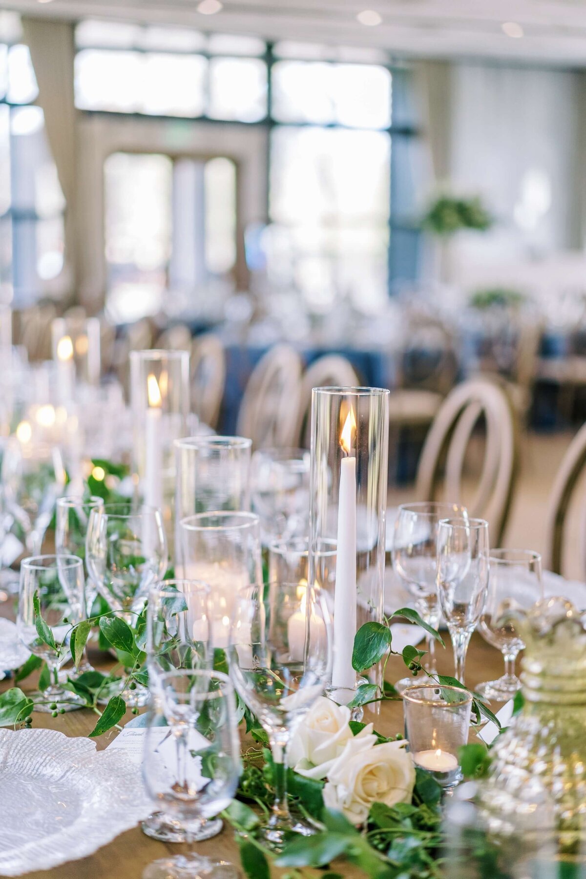 french blue and white wedding reception decor