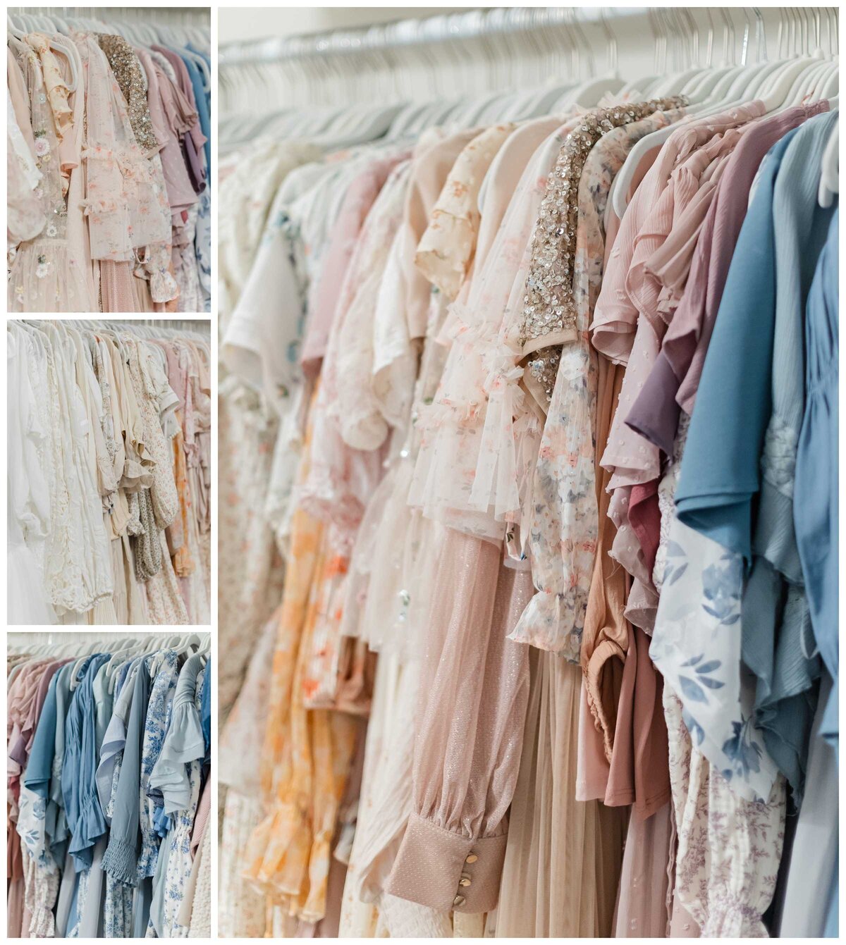 A beautiful photo showcasing many different styles and colors of the studio wardrobe that clients can use by Washington DC Family Photographer