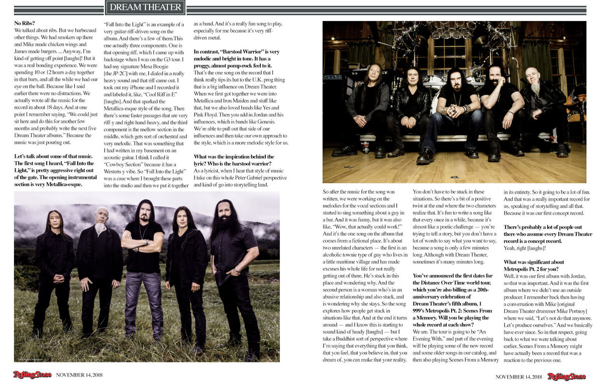 Magazine article Rolling Stone Magazine featuring  Dream  Theater  group  photo in nature and in studio