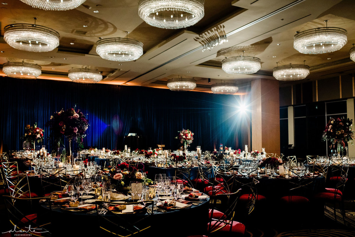 winter wedding in blue and red at Four Seasons Hotel Seattle ballroom