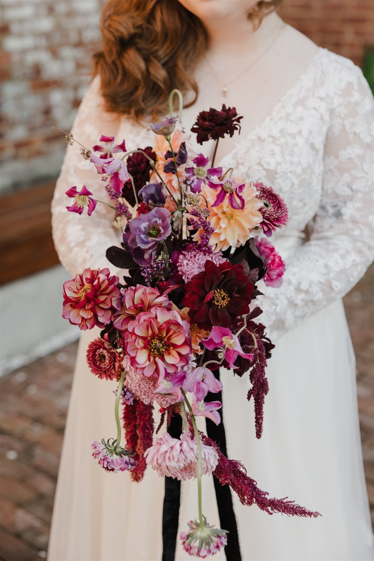 Cascading burgundy and plum bridal bouquet for a New Jersey wedding