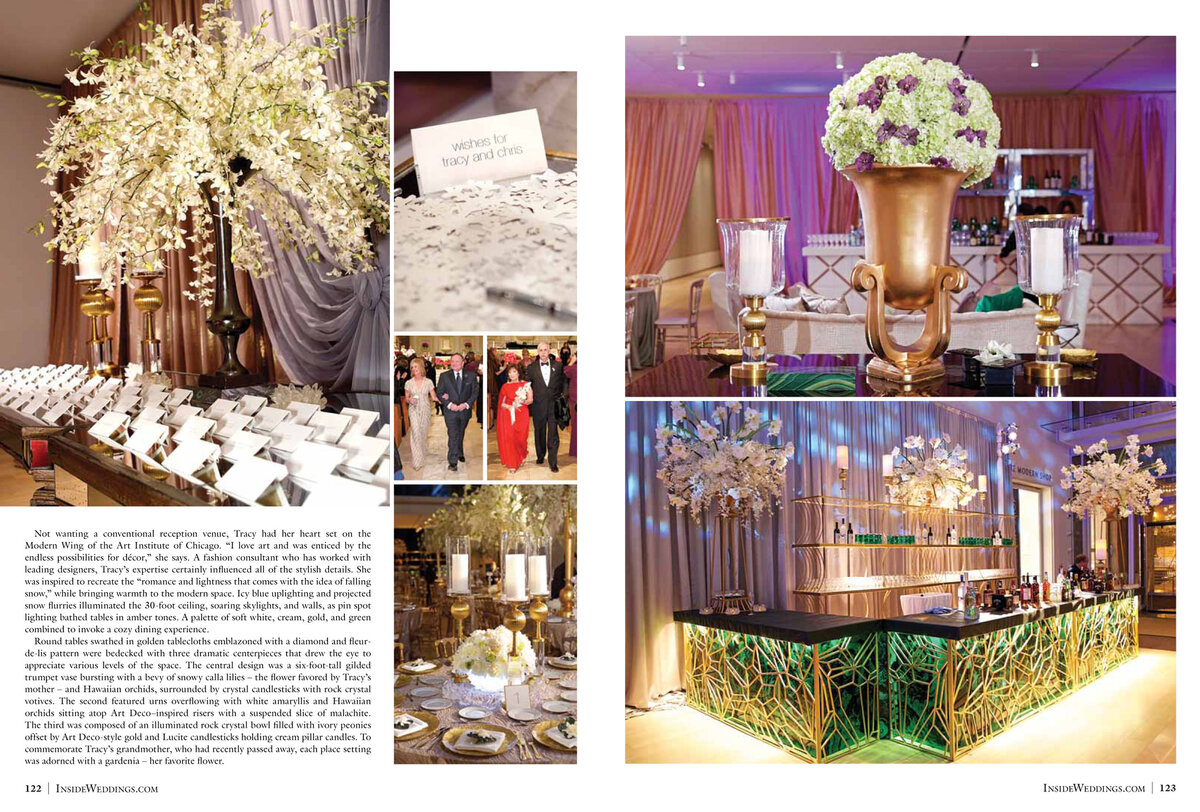 We are always so excited when one of our couple's weddings is selected to be featured in a magazine, especially Inside Weddings. It's one of the best resources for brides who are looking the hottest trends. Event Designer, Vince Hart from Kehoe Designs. recalls that Tracy and Chris wanted the inspiration from their wedding to come from Tracy's love of fashion, themed around a winter wonderland. Kehoe did and amazing job along with, BCR Events, their event planner. Click here for a list of vendors.