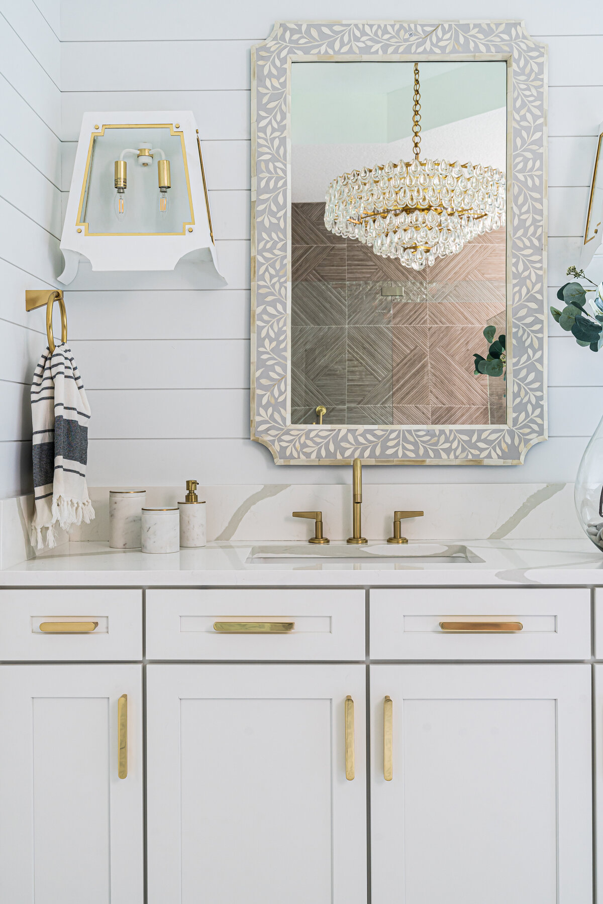 coastal home Master Bathroom Full Service Interior Design Vanity and Mirror with Chandelier by Island Home Interiors Lake Nona