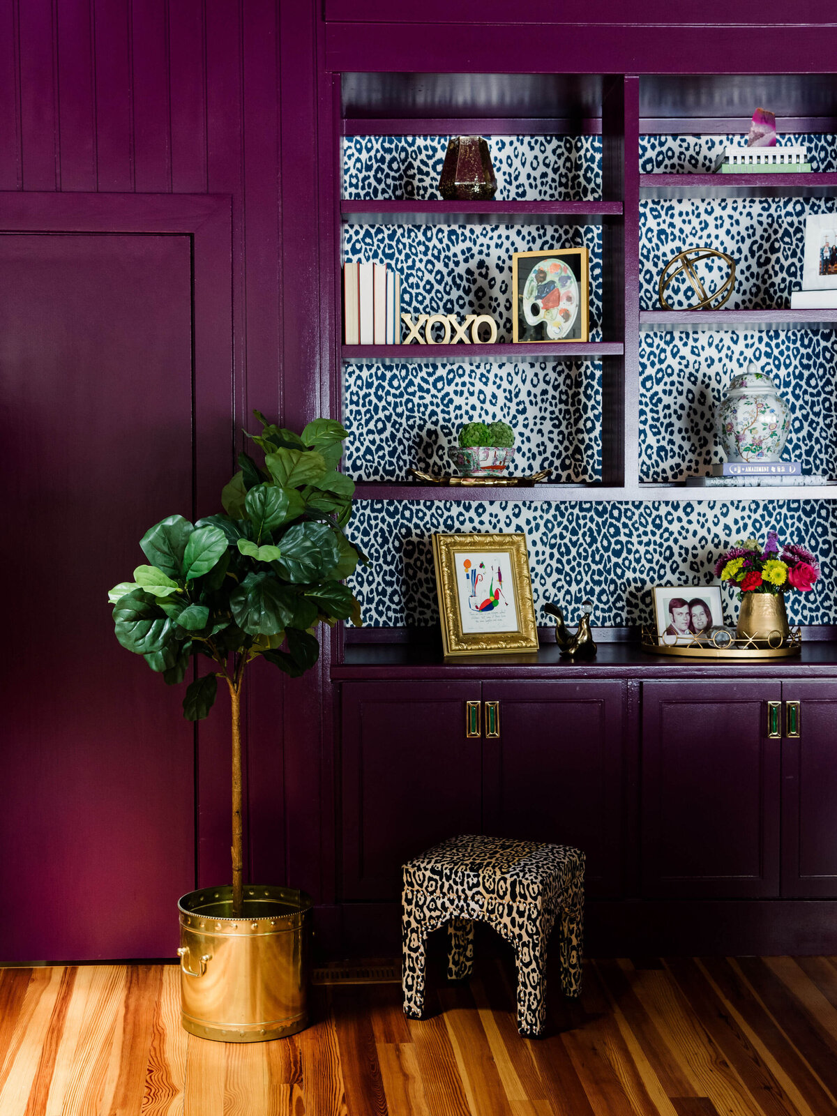 sweet southern home merry maximalism fuschia shelving and wall with leopard print backing and stool