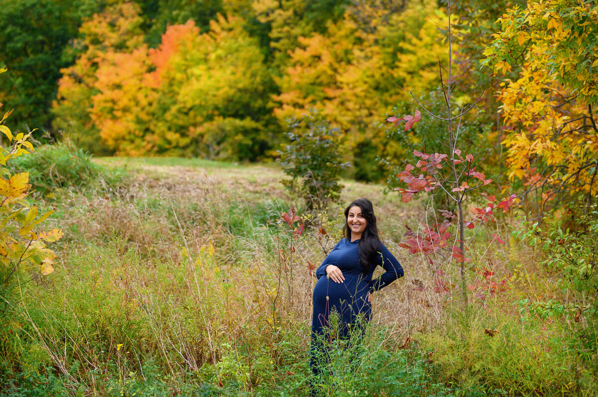 pregnant woman wearing a blue maternity dress for her fall outdoor maternity photos in Burlington, ON