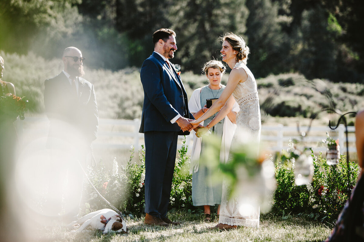A couple holds hands at their wedding ceremony, laughing gleefully.