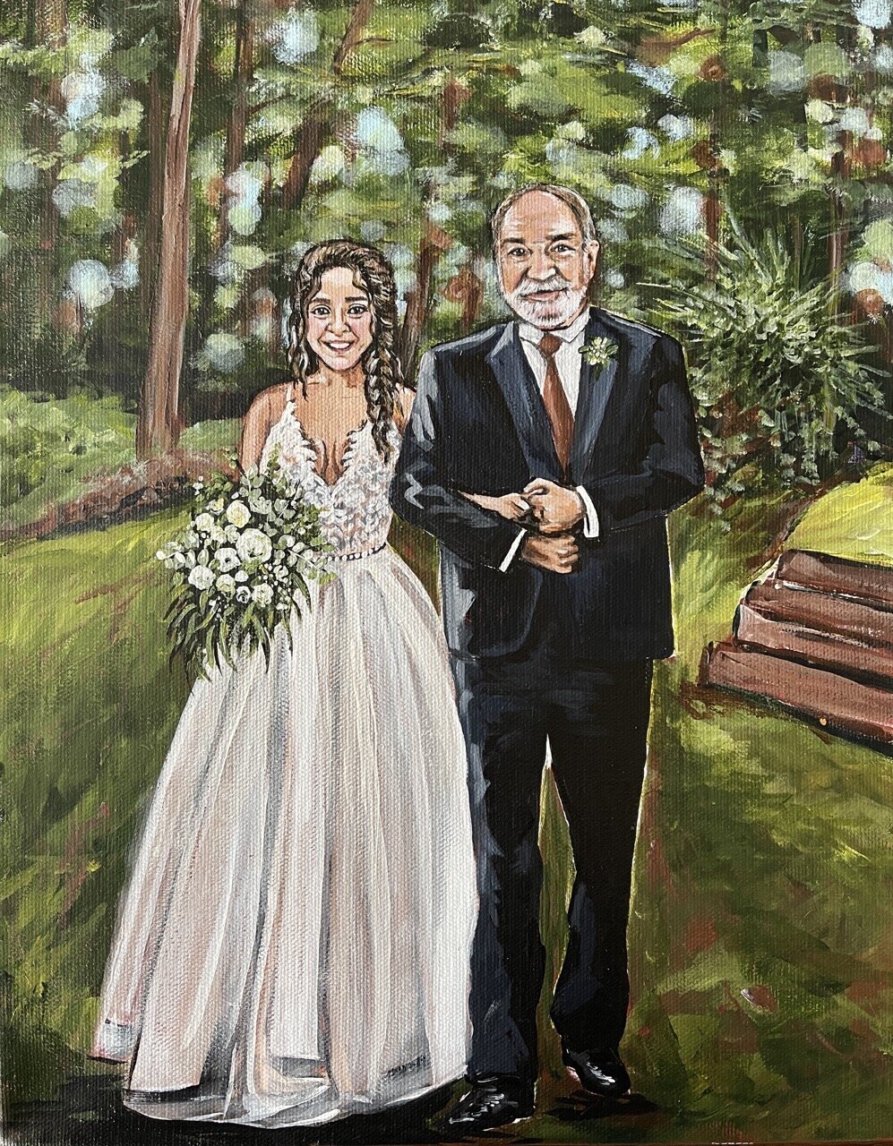 A father and daughter in a wedding dress standing in a forest clearing