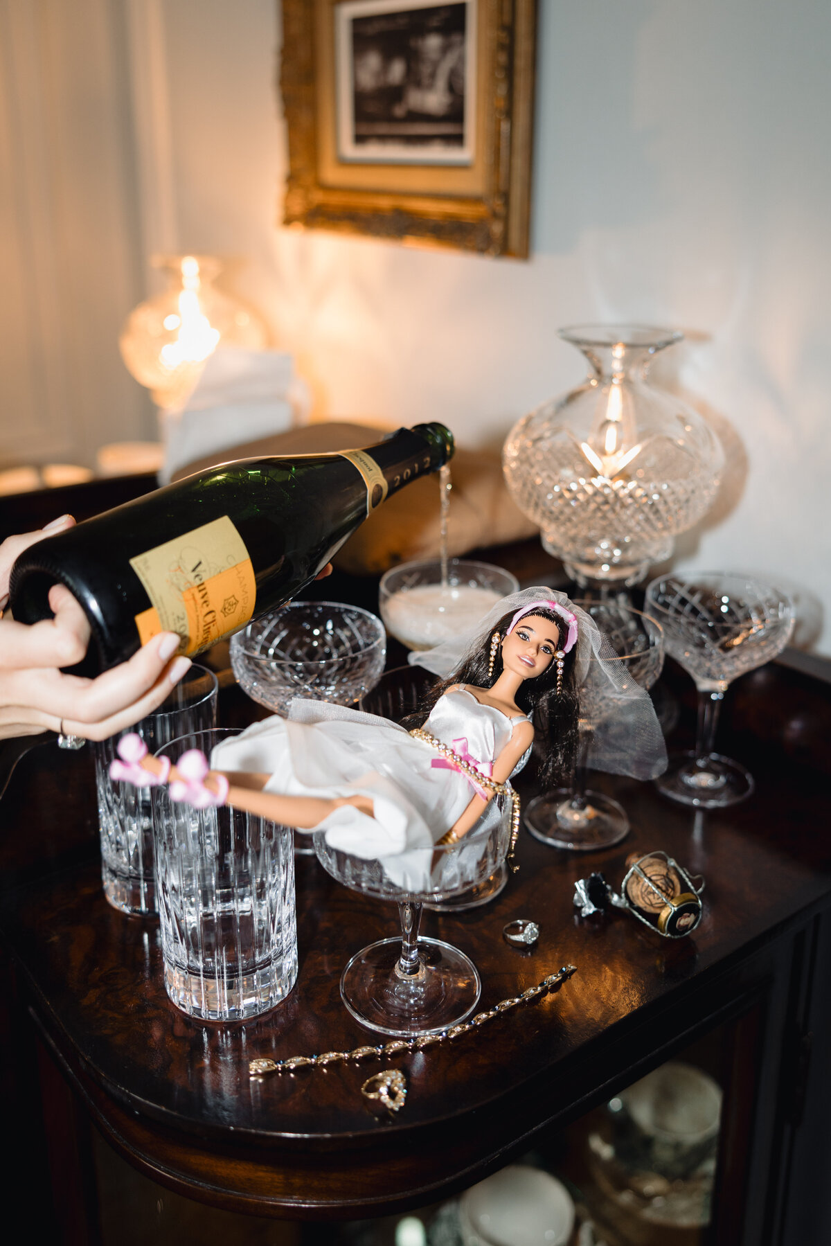 Champagne flute wedding detail at The Ned London, editorial wedding photography.