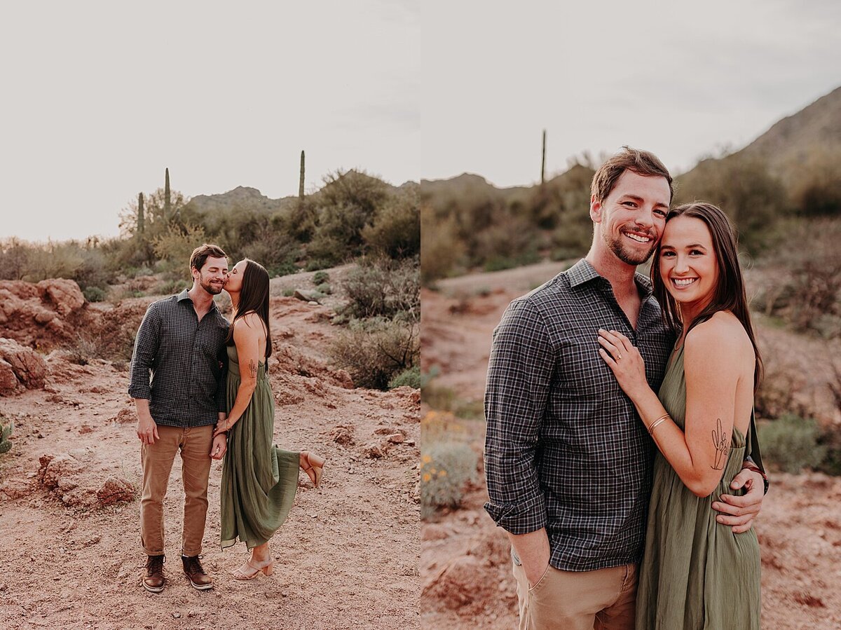 couple side hug and embrace in the desert for engagement photos