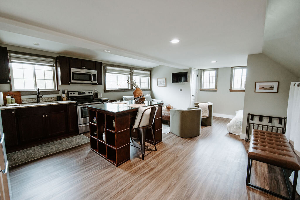 a view of the full kitchen and studio suite in the preparation cottage at Willowbrook wedding venue in Pittsburgh