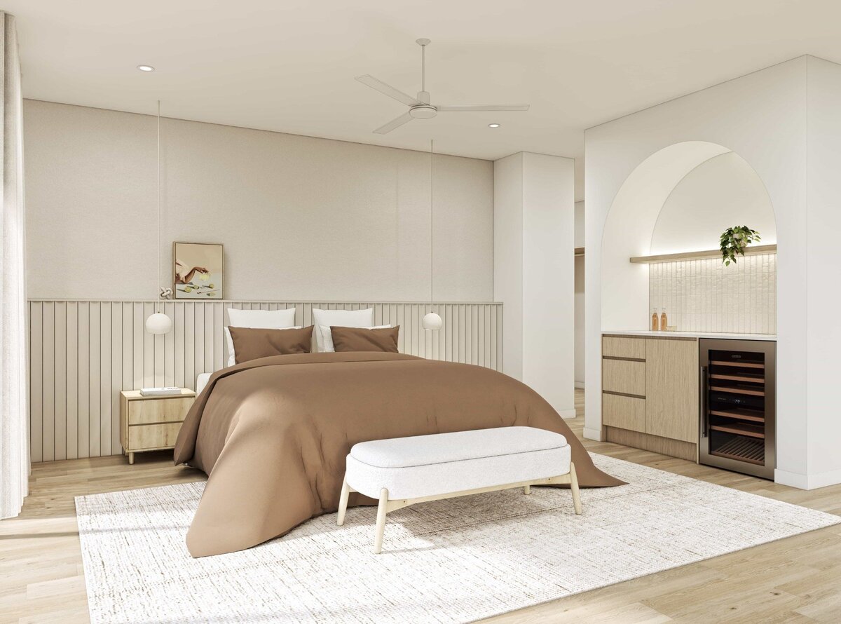Solis – A luxury modern home by NXTgen Construction featuring a master bedroom styled in soft linen earth tones with modern cabinetry.