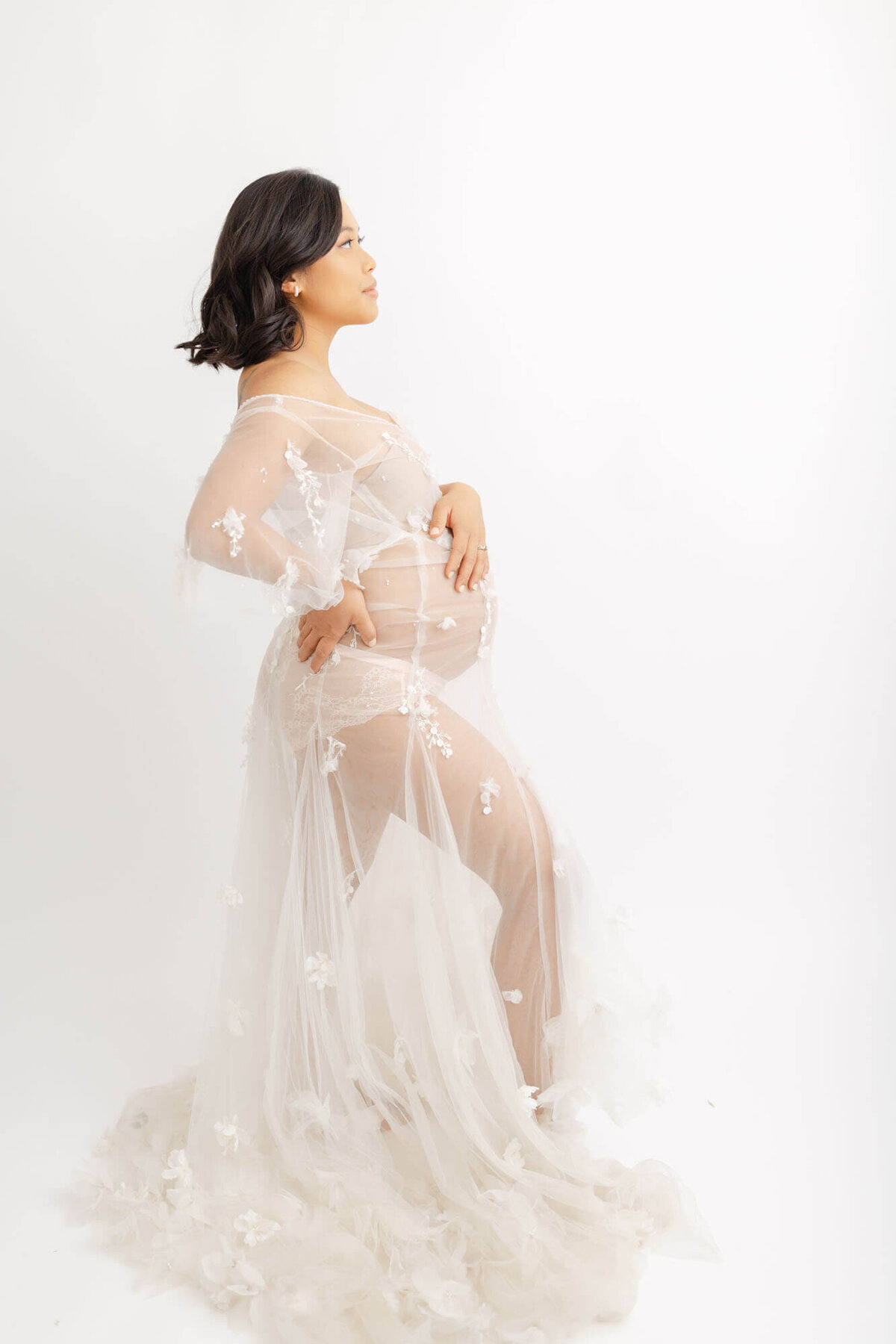 Profile view of Pregnant Mama in stunning tulle dress. She has one hand propped up on her back and one hand resting on her belly. She is looking straight ahead and has shoulder length black hair in loose curls. One leg is popped out a bit in front of her creating a beautiful shape.