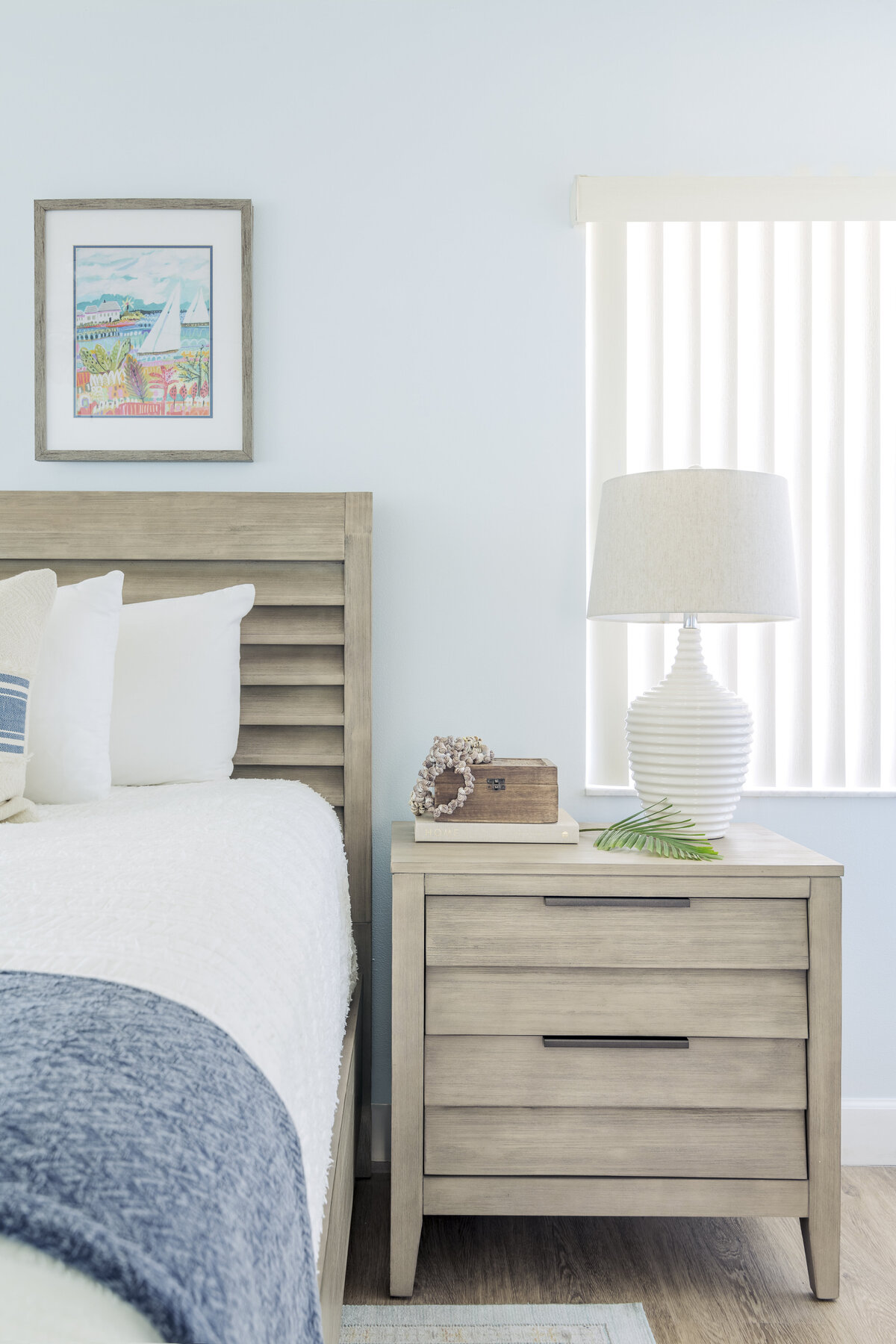 Moden Coastal Bed and Nightstand design by S. Fl based SOL Y MAR INTERIORS