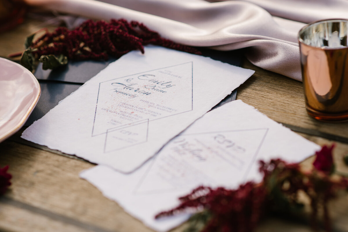 Handmade cotton paper wedding invitations with navy blue diamond design