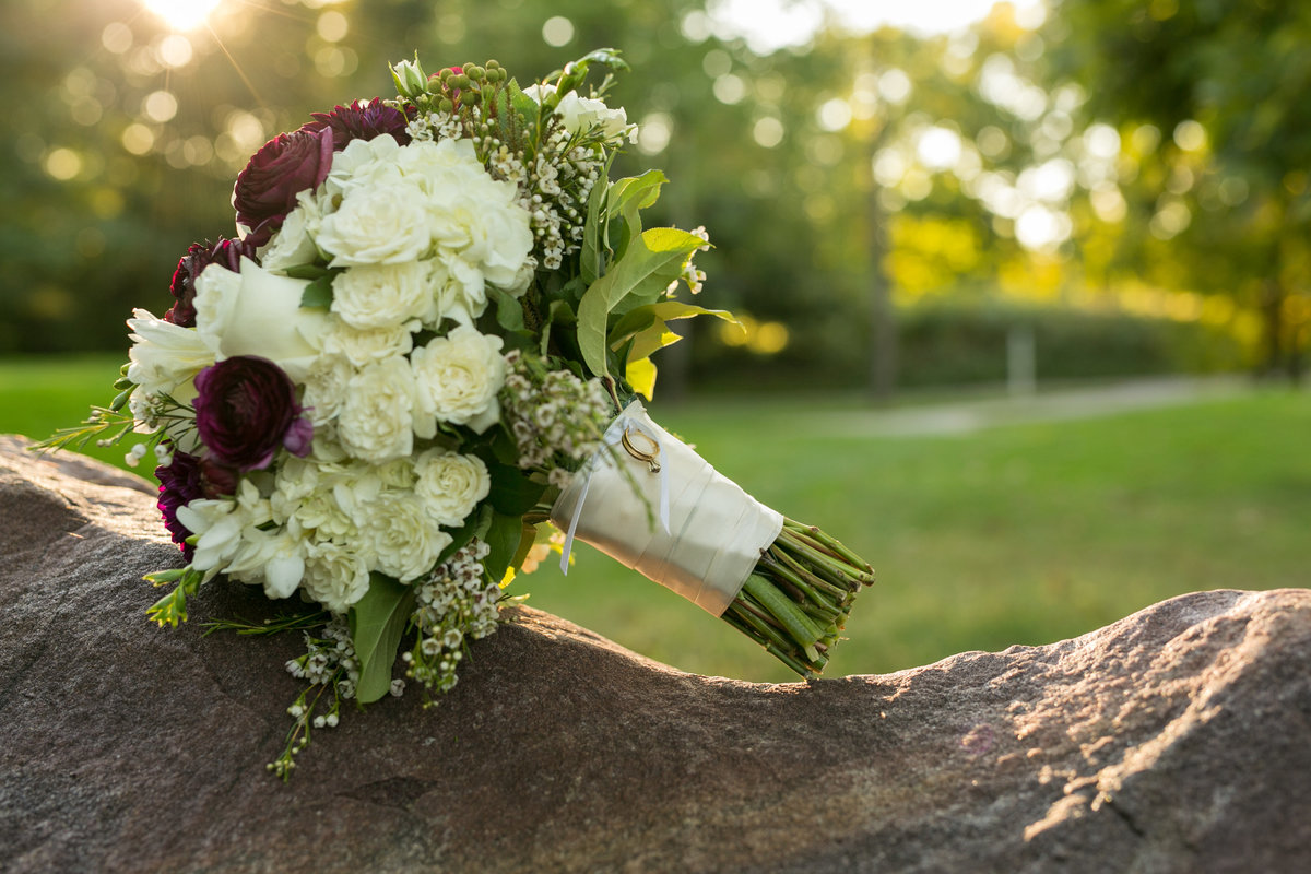 Close up of bride's bouquet wedding details, Twin Oaks Golf and Swim Club, Oakland, Michigan, wedding photographer Charlene Gurney